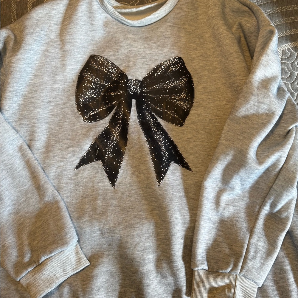 Gray Sweatshirt with Black Bow Design